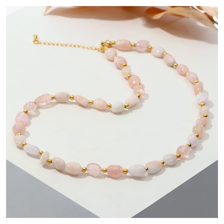 Бусы галтовка через золотистый шарик " камней" (Берилл и кварц), 40см с удлинителем 5см  