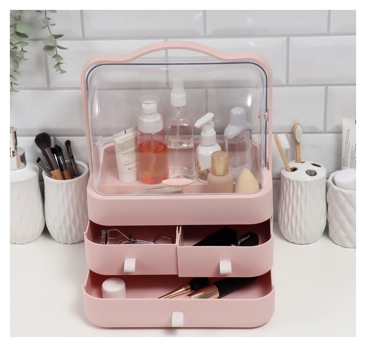 Органайзер для хранения, с крышкой, 1 секция, 3 выдвижных ящика, 26,5 × 18 × 34,7 см, в картонной коробке  