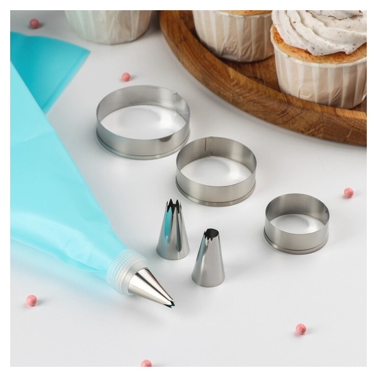 Набор кондитерский «Куки» 8 предметов: 3 насадки, мешок 30×15 см, адаптер, формы для печенья «круг» 3 шт  