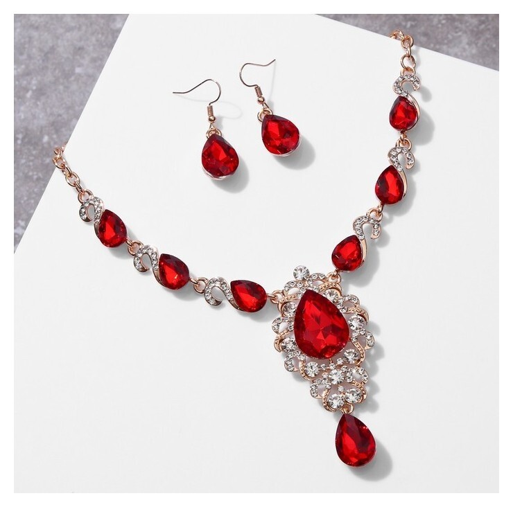 Набор 2 предмета: серьги, колье "Вернисаж" сердце и цветы, цвет бело-красный в золоте, 42см Queen Fair