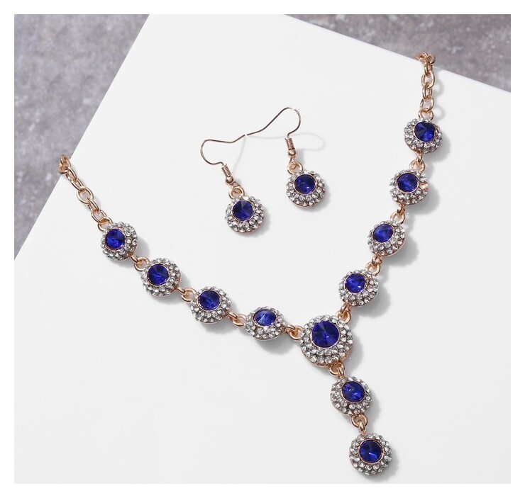Набор 2 предмета: серьги, колье "Великолепный век", цвет бело-синий в золоте, 42см  Queen Fair