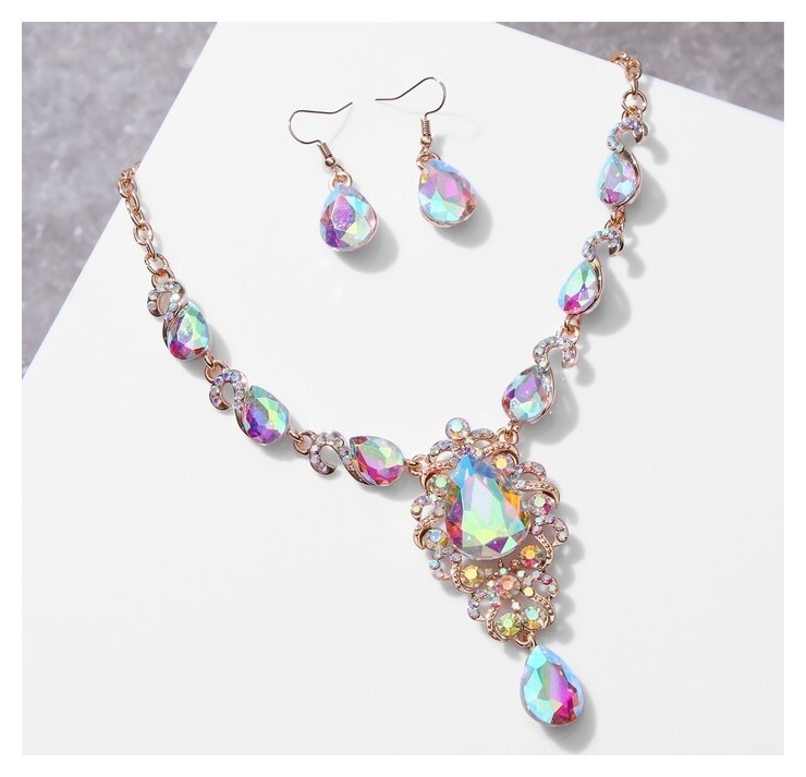 Набор 2 предмета: серьги, колье "Вернисаж" сердце и цветы, цвет бело-радужный в золоте, 42см  Queen Fair