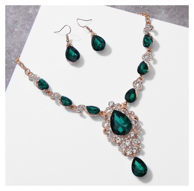 Набор 2 предмета: серьги, колье "Вернисаж" сердце и цветы, цвет бело-зелёный в золоте, 42см  Queen Fair