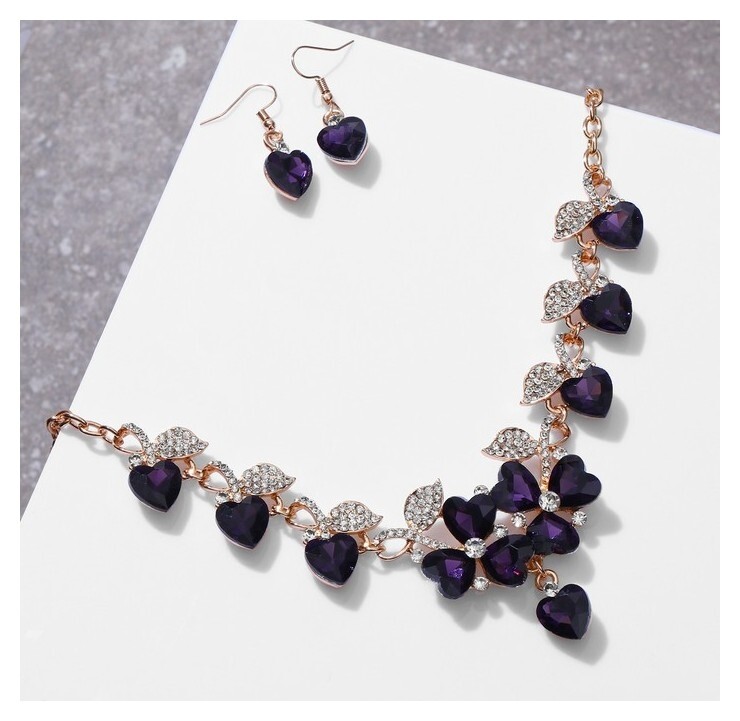 Набор 2 предмета: серьги, колье "Вернисаж" сердце и цветы, цвет бело-фиолетовый в золоте, 42см  Queen Fair
