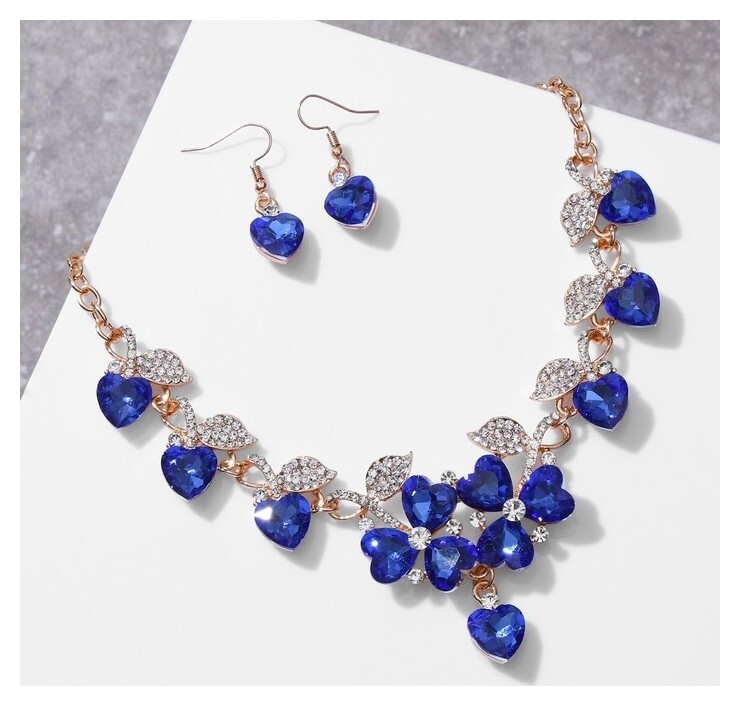 Набор 2 предмета: серьги, колье "Вернисаж" сердце и цветы, цвет сине-белый в золоте, 42см  Queen Fair