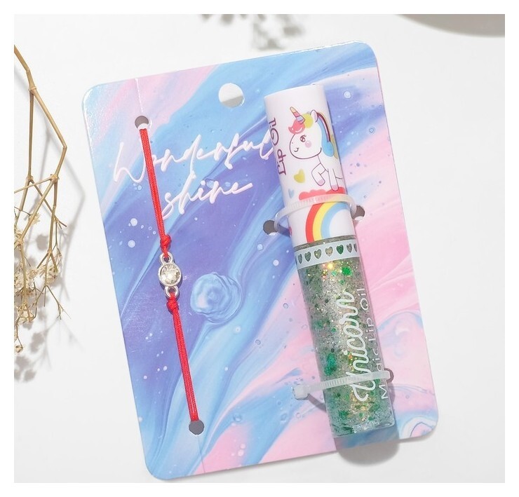 Набор 2 предмета: браслет, блеск для губ "Единорог" стразинка, цвет красный  Queen Fair