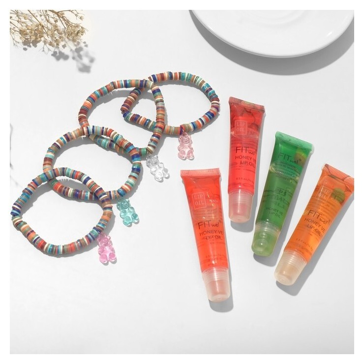 Набор 2 предмета: браслет, блеск для губ "Фрукты" мармеладный мишка  Queen Fair