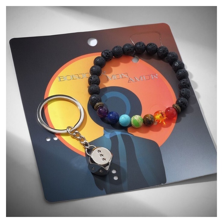 Набор 2 предмета: браслет, брелок "Кубик", цветной в серебре Queen Fair