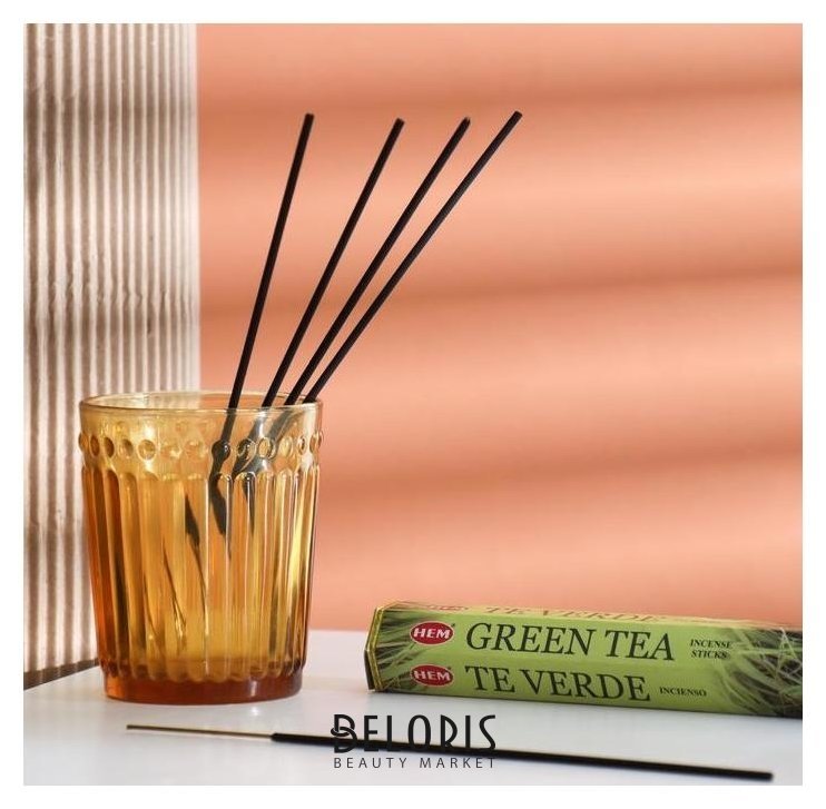 Благовония HEM Green Tea. зеленый чай, 20 палочек в упаковке, шестигранник HEM