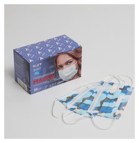 Маска медицинская Latio синий камуфляж, 2 фиксатора формы, 50 шт картонный блок 