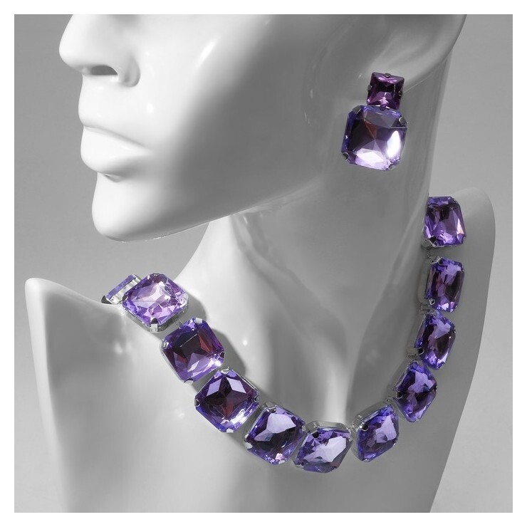 Набор 2 предмета: серьги, колье "Драгоценность" квадраты, цвет сиреневый в серебре  Queen Fair