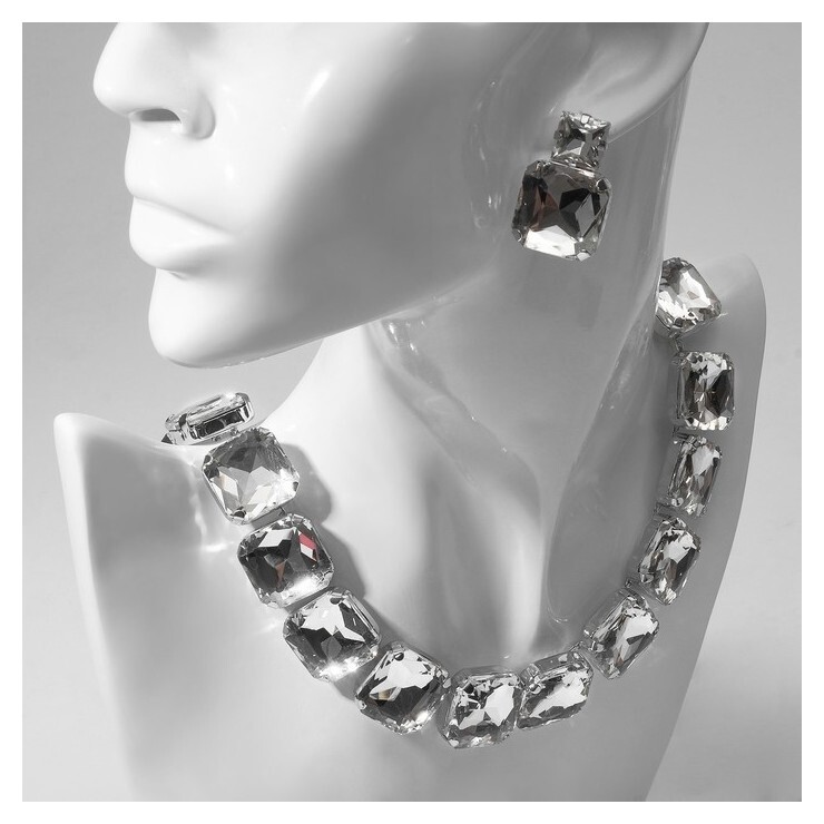 Набор 2 предмета: серьги, колье "Драгоценность" квадраты, цвет белый в серебре Queen Fair