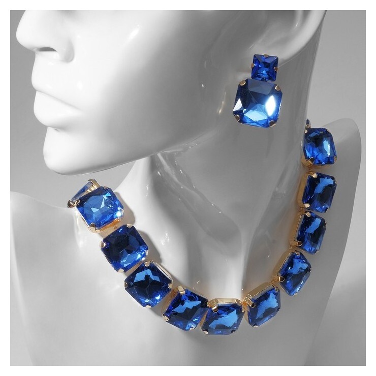Набор 2 предмета: серьги, колье "Драгоценность" квадраты, цвет синий в золоте  Queen Fair