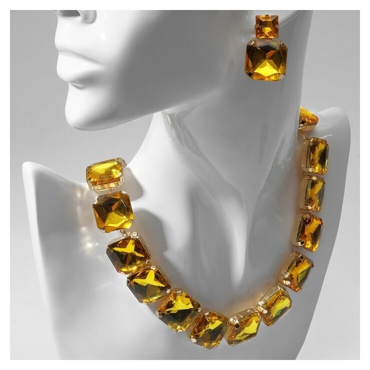 Набор 2 предмета: серьги, колье "Драгоценность" квадраты, цвет жёлтый в золоте  Queen Fair