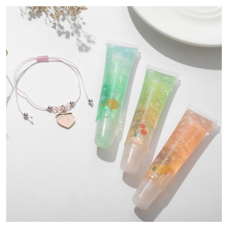 Набор 2 предмета: браслет, блеск для губ "Фрукты с пузырьками" персик, цвет розовый  Queen Fair