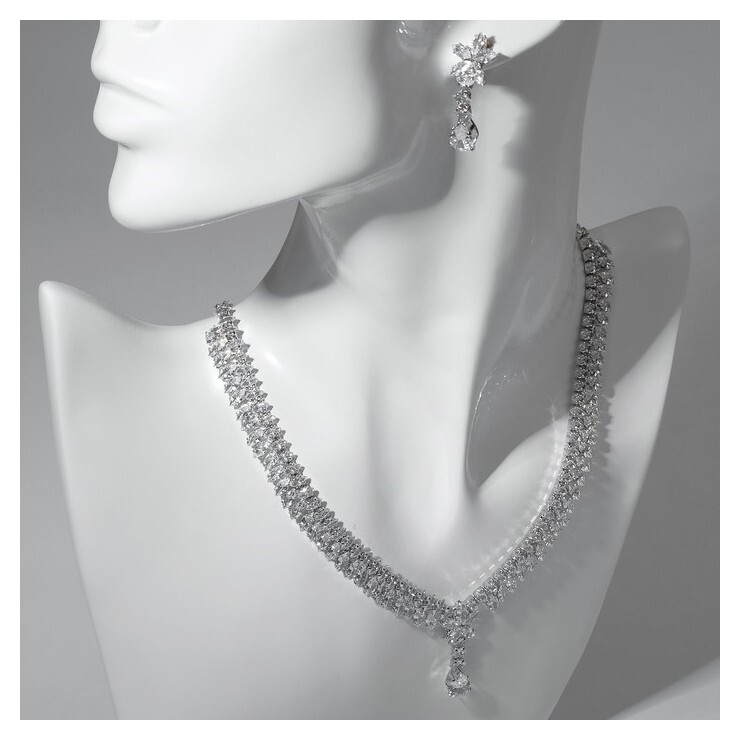 Набор 2 предмета: серьги, колье "Вечерний" капелька, цвет белый в серебре, 40см  Queen Fair