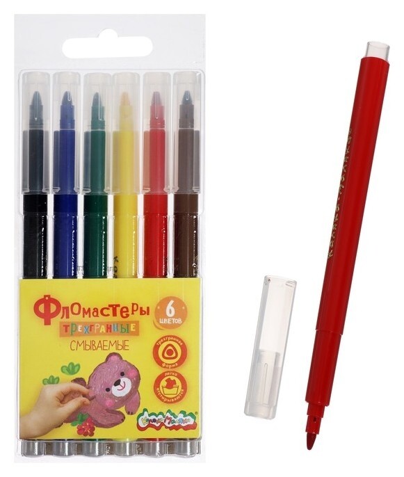 Фломастеры 6 цветов, трехгранные, легкосмываемые  Каляка-Маляка