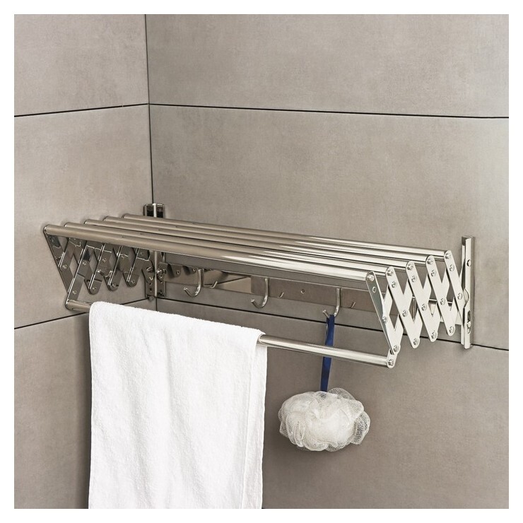 Полка выдвижная с держателем полотенец, 4 крючка 16×13(35)×60,5 см  