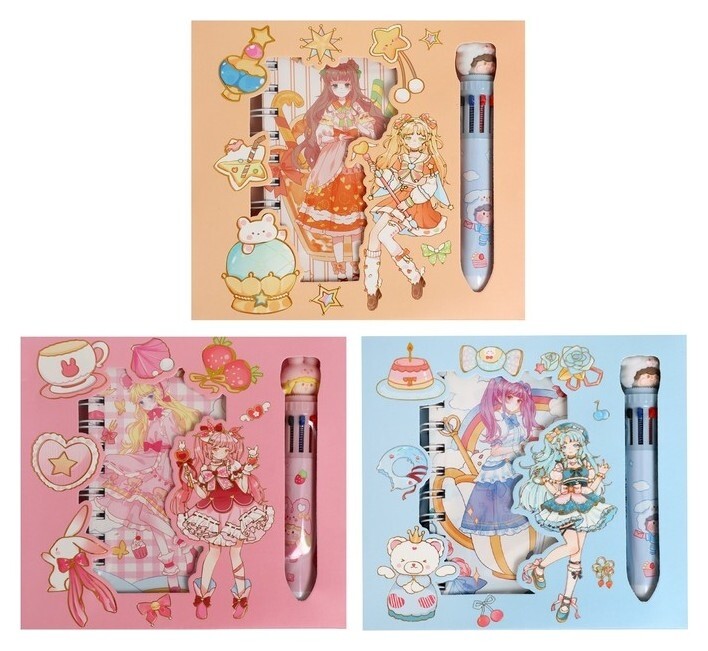 Записная книжка в подарочной коробке А6, 50 листов, линия,+ручка шариковая 10-цв, аниме 90834  Calligrata