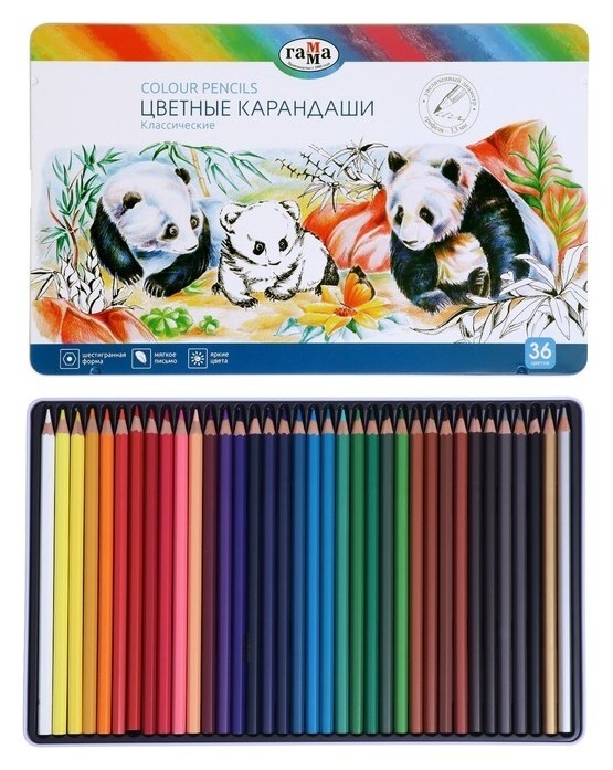 Карандаши 36 цветов "Классические"3,3мм, заточенные, в пенале  Гамма