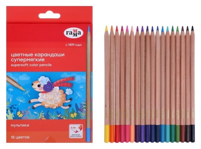 Карандаши 18цв гамма "Мультики", супермягк, увел D-4,0мм, заточ, карт/уп, европод 80220217  Гамма