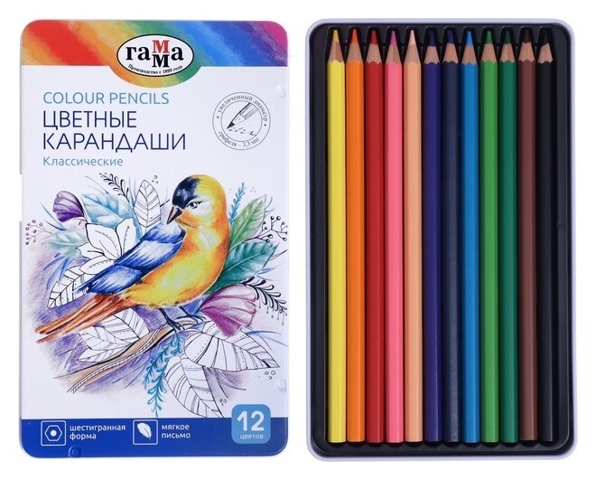 Карандаши 12цв гамма "Классические", увел D-3,3мм, заточ, метал пенал 80220212  Гамма