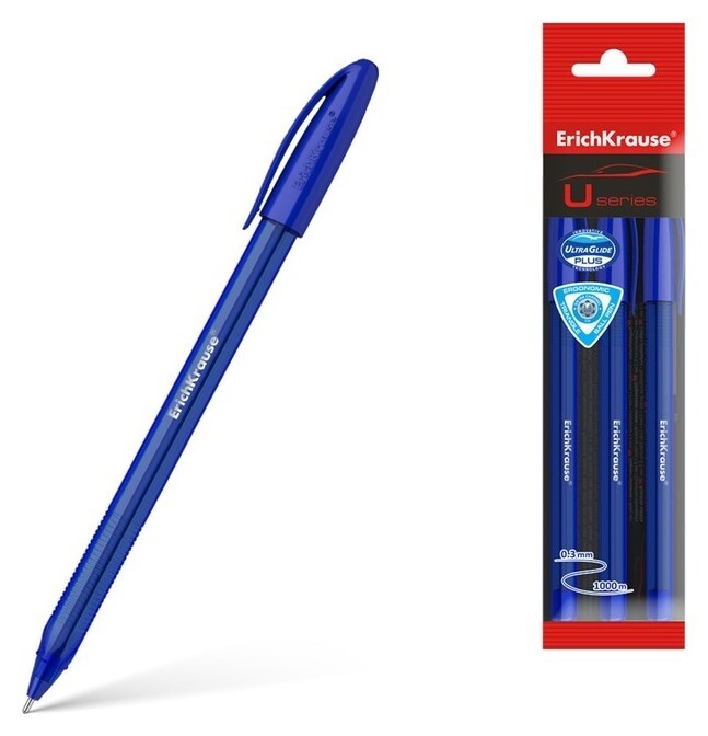 Набор ручек шариковых Erichkrause U-108 Original Stick, 3 штуки, игольчатый узел 1.0 мм, цвет чернил синий, супермягкое письмо, корпус тонированный синий  Erich krause