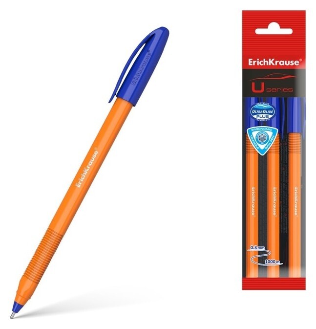 Набор ручек шариковых Erichkrause U-108 Orange Stick, 3 штуки, игольчатый узел 1.0 мм, цвет чернил синий, супермягкое письмо, корпус оранжевый  Erich krause