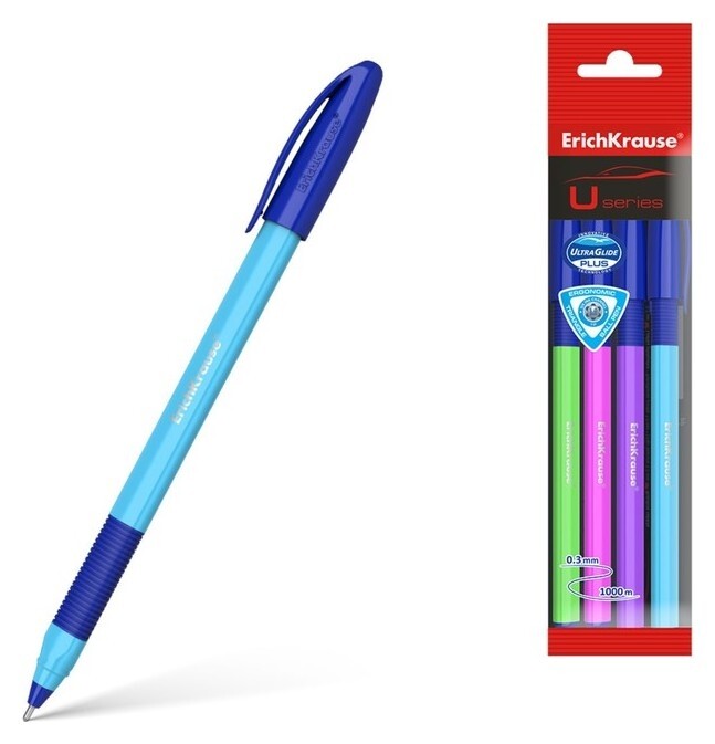 Набор ручек шариковых Erichkrause U-109 Neon Stick&grip, 4 штуки, игольчатый узел 1.0 мм, цвет чернил синий, супермягкое письмо, резиновый упор, корпус неоновый  Erich krause