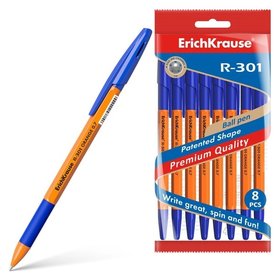 Набор ручек шариковых Erichkrause R-301 Orange Stick&grip, 8 штук, узел 0.7 мм, цвет чернил синий, резиновый упор, корпус оранжевый Erich krause