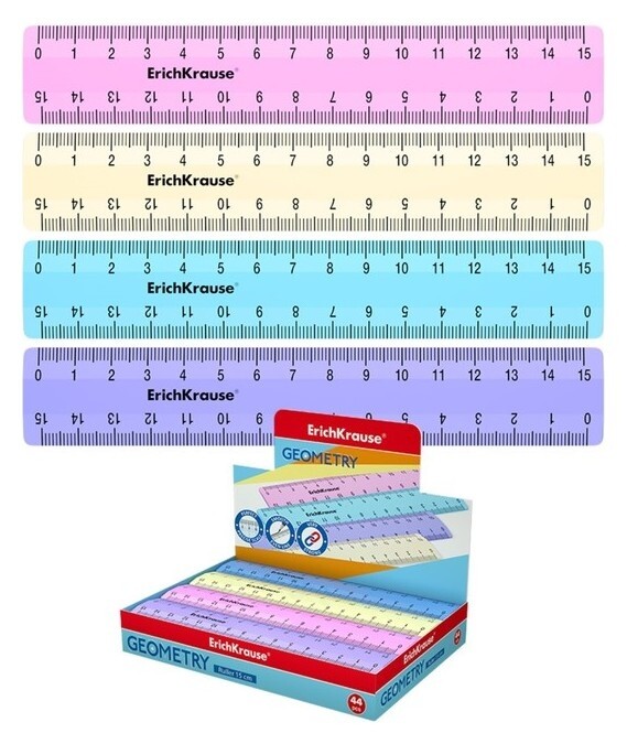 Линейка 15 см Erichkrause Pastel, пластик, из 4 цветов, в коробке-дисплее Erich krause
