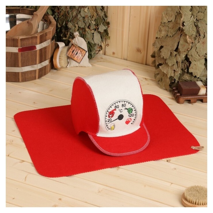 Набор для бани: шапка и коврик "Градусы" красный  