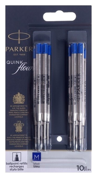 Набор стержней 10шт для шариковой ручки Parker Quinkflow, синие, средние 1.0мм, блистер  Parker