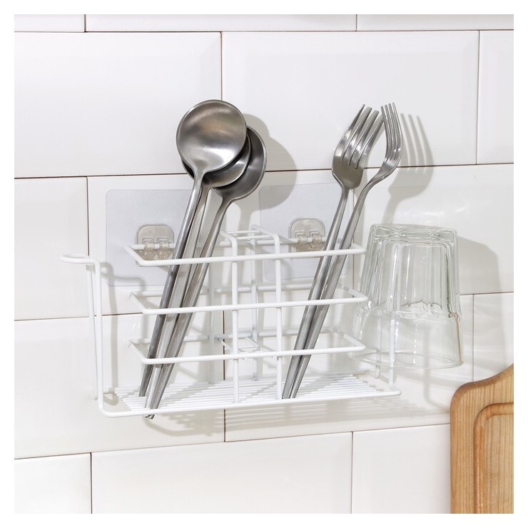 Подставка для столовых приборов доляна на липучке, 26×7×12 см, цвет белый  Доляна