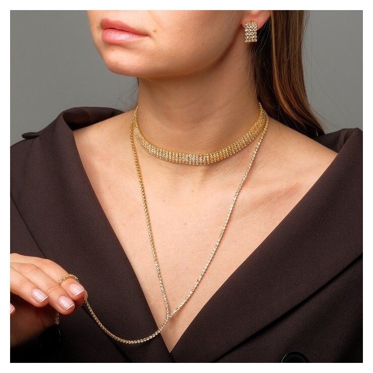 Набор 2 предмета: серьги, чокер "Лёд" 4 ряда, цвет белый в золоте 