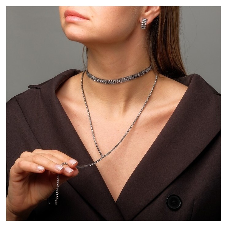 Набор 2 предмета: серьги, чокер "Лёд" 3 ряда, цвет белый в сером металле  