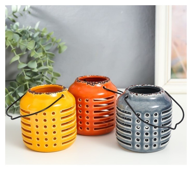 Подсвечник керамика на 1 свечу "Фонарь. полосы и точки" 8х8х9 см  