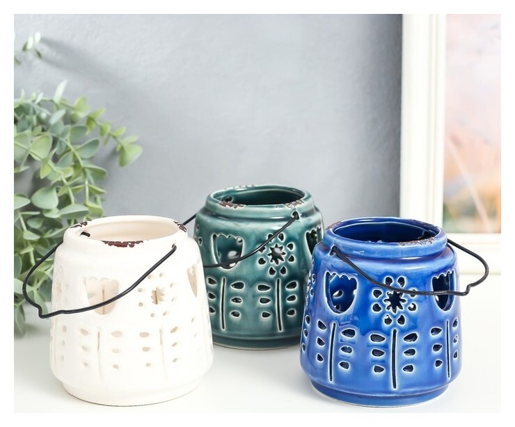 Подсвечник керамика на 1 свечу "Фонарь. тюльпаны и одуванчики" 10х10х10 см  