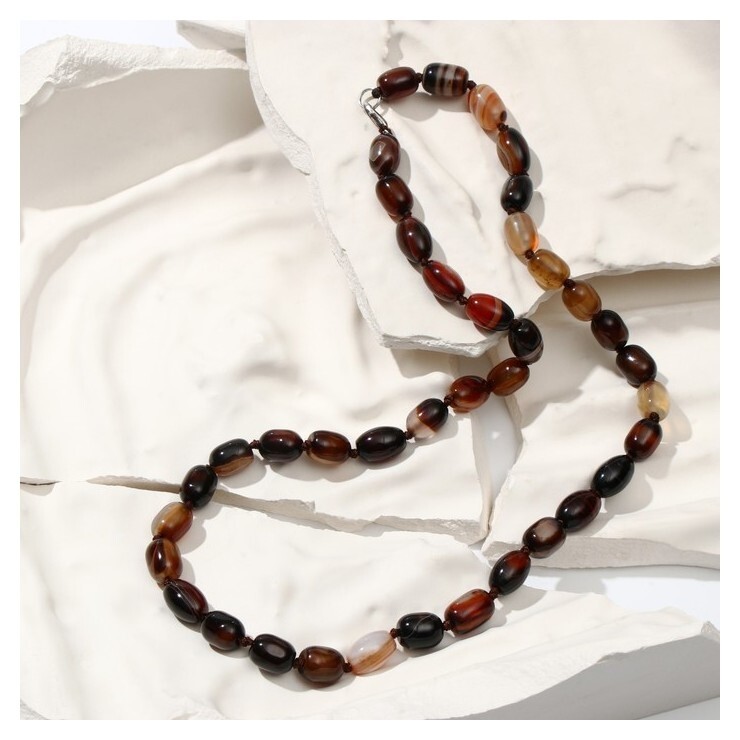 Бусы бочонок 8х6мм через узел "Агат коричневый", 50см  