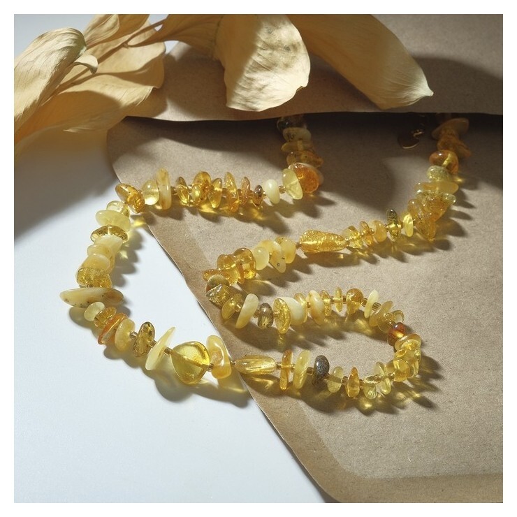 Бусы "Янтарь" крошка с галтовкой через бисер, цвет жёлтый, 45см + 5см удлинитель  