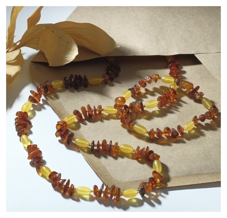Набор 2 предмета: бусы, браслет "Янтарь" крошка обработанная через оливку, цвет жёлто-коричневый, 60см  