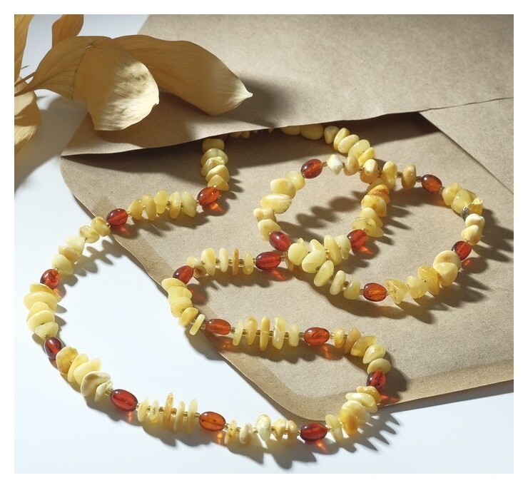Набор 2 предмета: бусы, браслет "Янтарь" крошка обработанная через оливку, цвет молочно-коричневый 