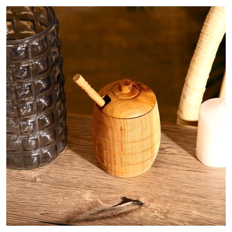 Баночка и ложка для мёда, тиковое дерево  