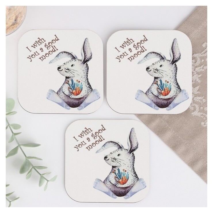 Набор подставок под горячее, деревянные "Зайчик" 9,5х9,5х0,9 см 3 шт  