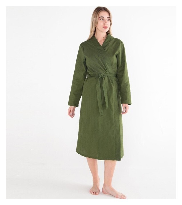 Халат вафельный женский удлинённый экономь и Я размер 46-48, цвет хаки, 100% хлопок, 200г/м2  Экономь и Я