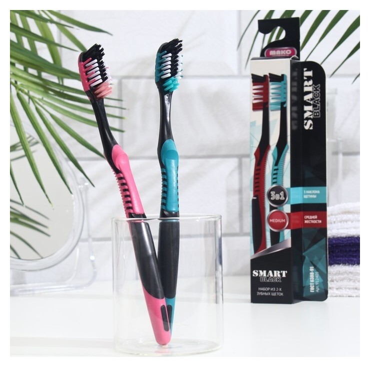 Зубная щётка «Смарт» Black средней жесткости, красный + зеленый, 2 шт.  Ленпластполимер