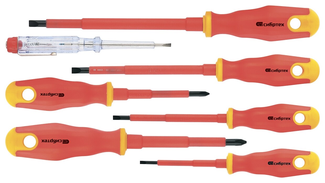 Набор отверток диэлектрических до 1000 В, тестер, Crv, двухкомпонентные рукоятки  Сибртех