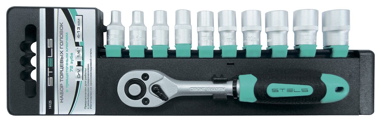 Набор торцевых головок, 1/4, головки 4-13 мм, с трещоточным ключом, Crv, 11 предметов Stels
