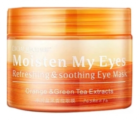 Тканевые локальные освежающие и успокаивающие маски для глаз с апельсином и экстрактом зелёного чая Bioaqua