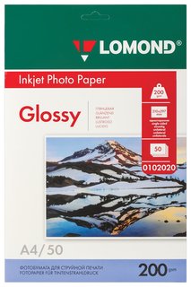 Фотобумага для струйной печати, А4, 200г/м2, 50 л, односторонняя глянцевая Lomond
